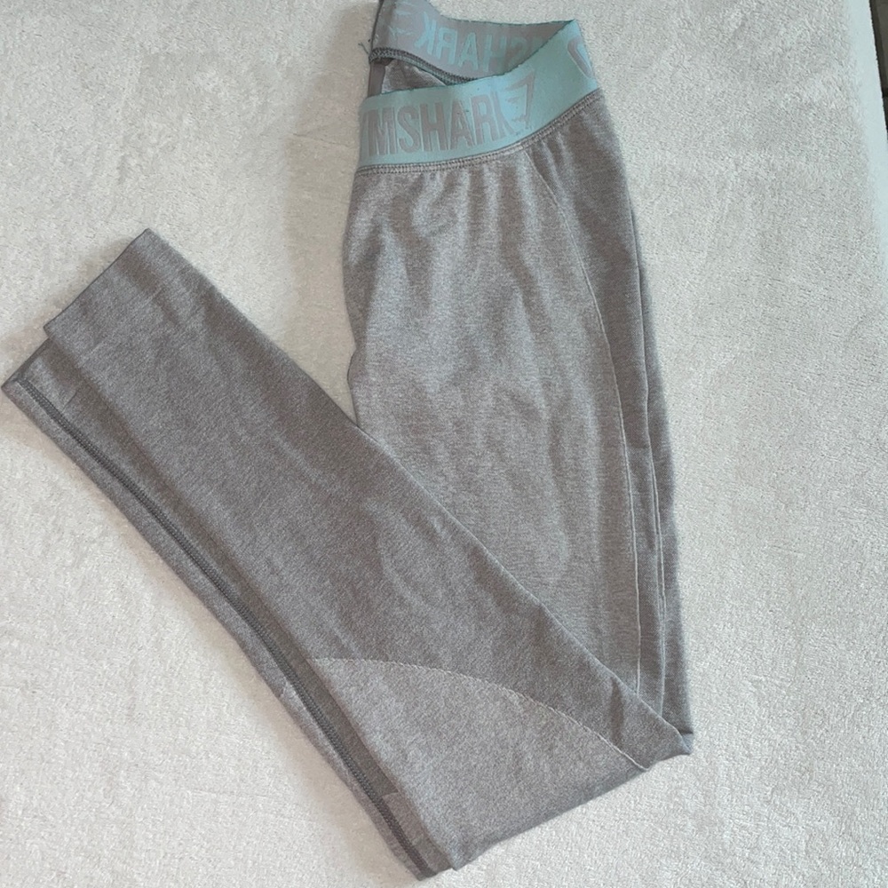 Gymshark Gray Leggings with Light Blue Waistband